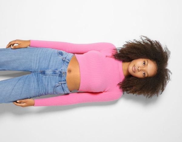 Bershka Crew Neck Geribbeld Microfur Trui Truien Dames Roze | R8GLwdkQmgA