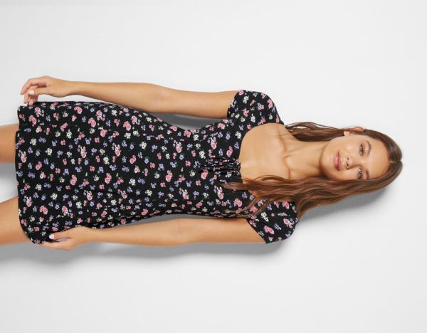 Bershka Floral Print Mini Jurken Dames Zwart | h2RAPJOcdAp