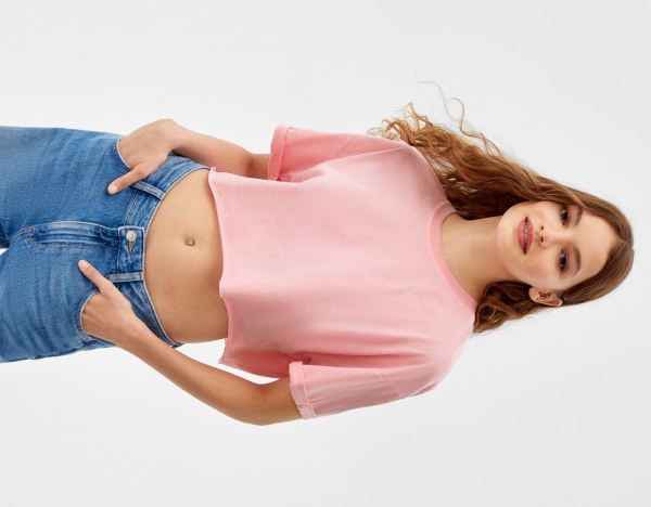 Bershka Kort Sleeve Cropped T-shirts Dames Roze | JTqIg7sWCFS