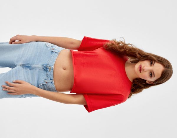 Bershka Kort Sleeve Cropped T-shirts Dames Rood | tlteKlgaOOl