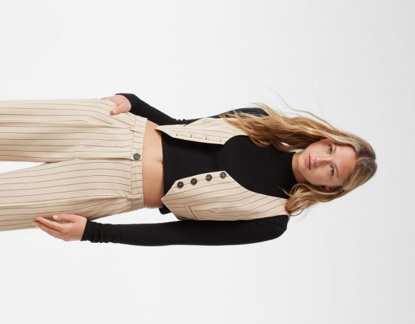 Bershka Pinstripe Tailored Vest Pakken Dames Bruin | RaQpHVSIVN5