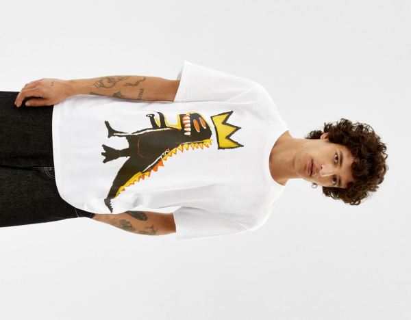 Bershka Regular-fit Kort Sleeve With A Jean-michel Basquiat Print T-shirts Heren Wit | 80fIuarD7le