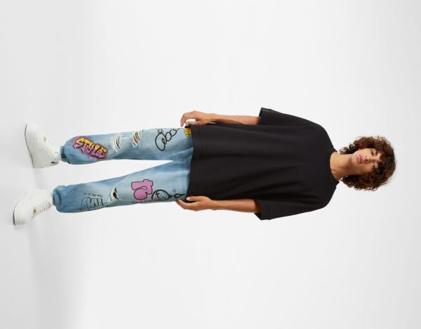 Bershka Ripped Printed Jogger Jeans Heren Lichtblauw | AcpEYsNQTMR