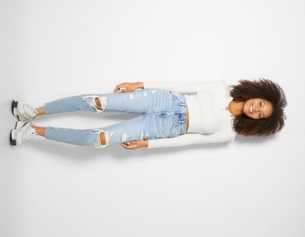 Bershka Ripped Relax Fit Jeans Dames Lichtblauw | 9uaaqymAVdE