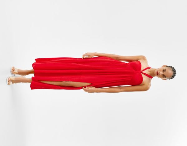 Bershka Ruffled Crepe Long Jurken Dames Rood | E7LMe5wdQAU