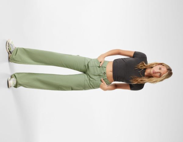 Bershka Twill Pants Cargo Dames Khaki | TDiSy14D8Vu