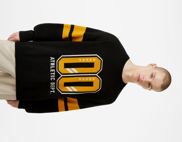 Bershka Varsity Trui Truien Heren Zwart | kMDTEwVwIWw