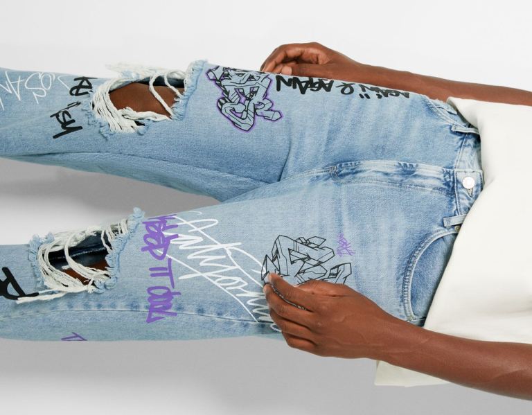 Bershka 90's Brede Graffiti Print Jeans Heren Lichtblauw | u09JNrj8thJ