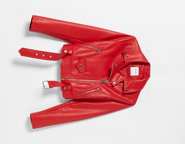 Bershka Belted Faux Leren Biker Jassen Dames Rood | HLyXXn5kt7X