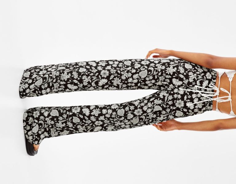 Bershka Brede-leg Flower-print Chiffon Broek Dames Wit Zwart | bfIgcOhEbfa