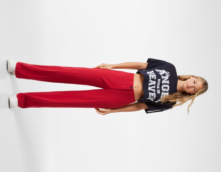 Bershka Brede-leg Pants With Belt Loops Pakken Dames Rood | LNdpSxooieo