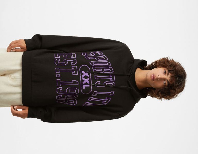 Bershka College Print Hoodie Heren Zwart | CiVDtAl2Cna