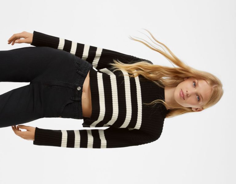 Bershka Crew Neck Geribbeld Gestreept Trui Truien Dames Zwart | tRJ7poFrl0P