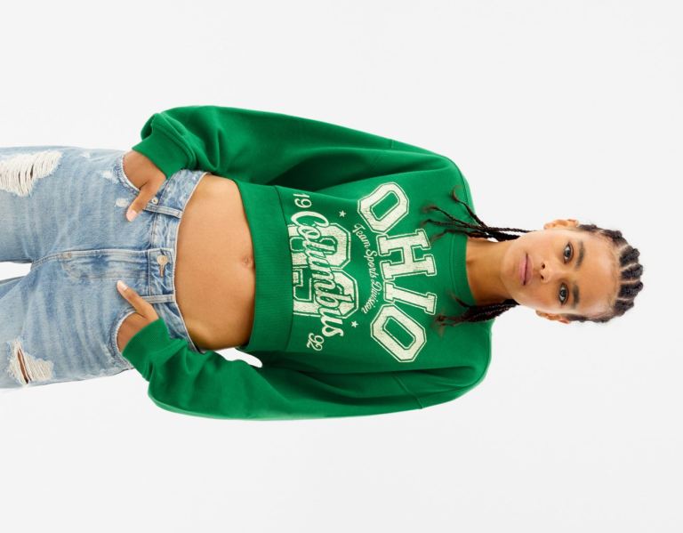 Bershka Cropped Printed Sweatshirts Dames Groen | JA3mgz5vHiT