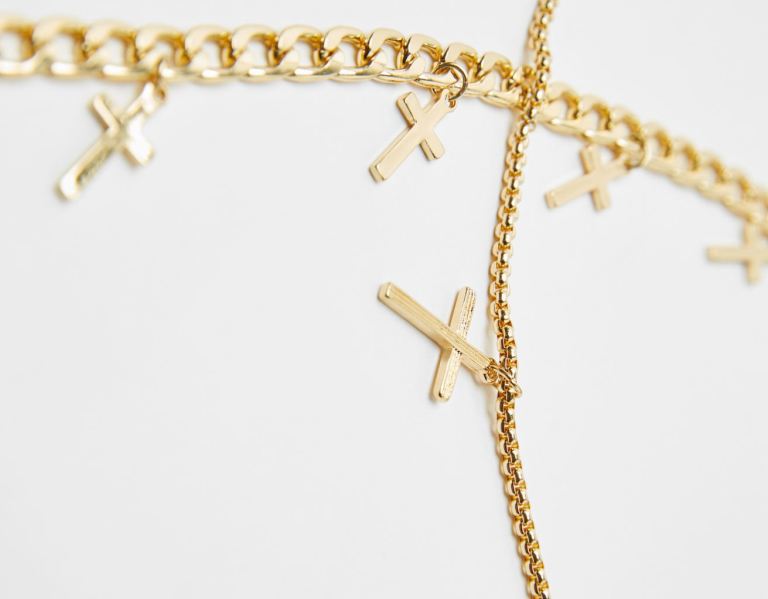 Bershka Double Cross Necklace Sieraden Heren Goud | CPmxDFk0km3