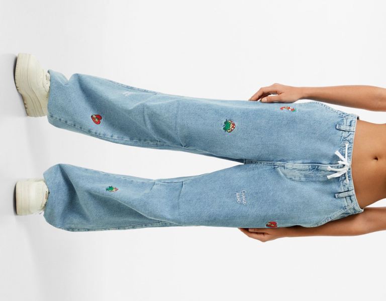 Bershka Embroidered Jeans Parachute Dames Lichtblauw | GWG2tTSbdOo