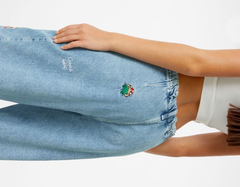 Bershka Embroidered Jeans Parachute Dames Lichtblauw | GWG2tTSbdOo