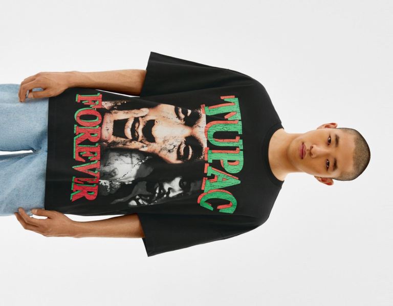 Bershka Extra Loose Kort Sleeve Tupac T-shirts Heren Zwart | VPNvllWviUJ