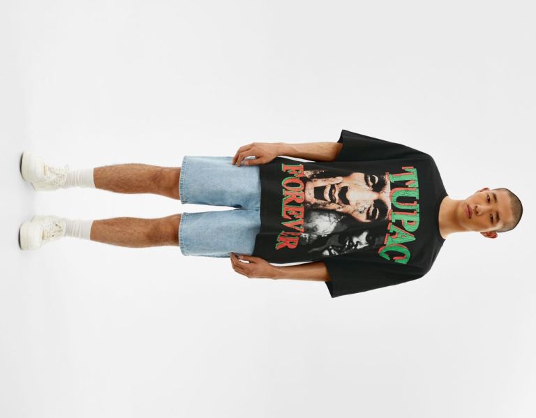 Bershka Extra Loose Kort Sleeve Tupac T-shirts Heren Zwart | YH8XhT8gINl