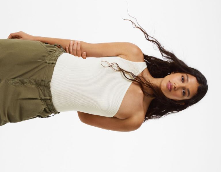 Bershka Geribbeld With Straps Bodysuit Dames Wit | VuyeTdu8McD