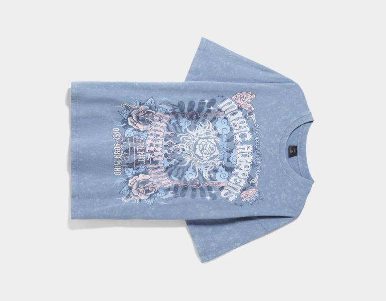 Bershka Kort Sleeve Faded Effect Print T-shirts Dames Lichtblauw | guynP6YAze0