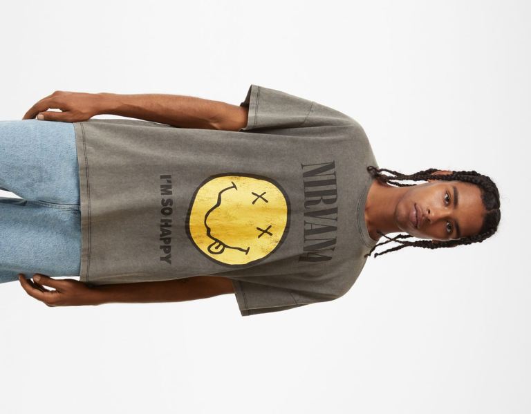 Bershka Kort Sleeve Happy Face Nirvana Print T-shirts Heren Zwart | jVlKauqpdZm