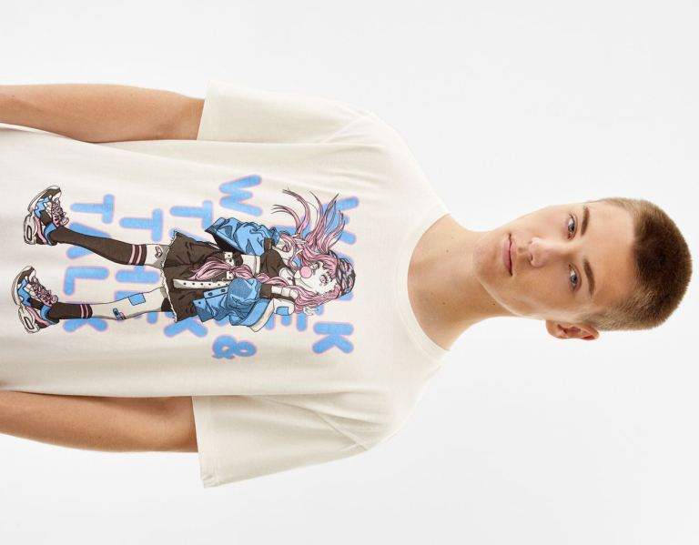 Bershka Kort Sleeve With Anime Print T-shirts Heren Wit | yiqmzKu1qVV