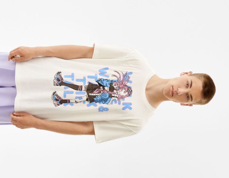 Bershka Kort Sleeve With Anime Print T-shirts Heren Wit | yiqmzKu1qVV