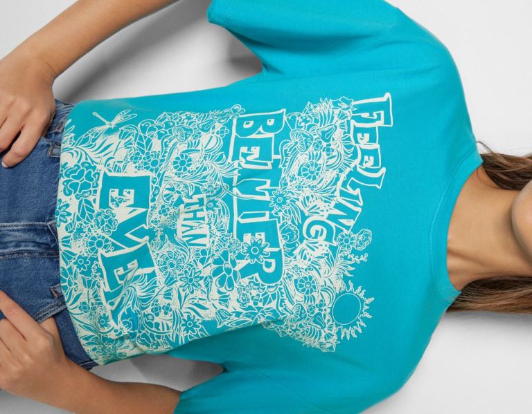 Bershka Kort Sleeve With Print T-shirts Dames Turquoise | VyQatJmOHFD