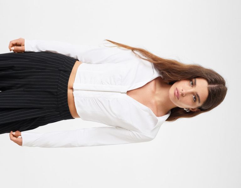 Bershka Long Sleeve Fitted Poplin With Rits Overhemd Dames Wit | 0e0jNk5pskC