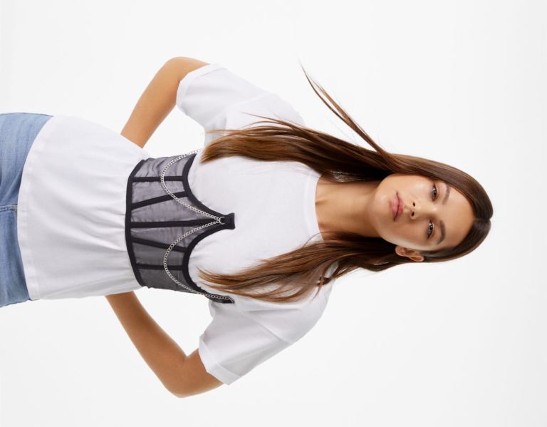 Bershka Organza Corset Top With Chain Riemen Dames Zwart | IUu09KjVsMp