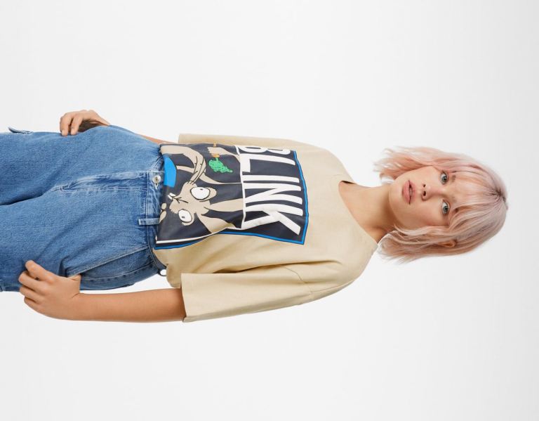 Bershka Oversize Kort Sleeve Featuring Blink 182 Print T-shirts Dames Bruin | MWeqvxC6YFF