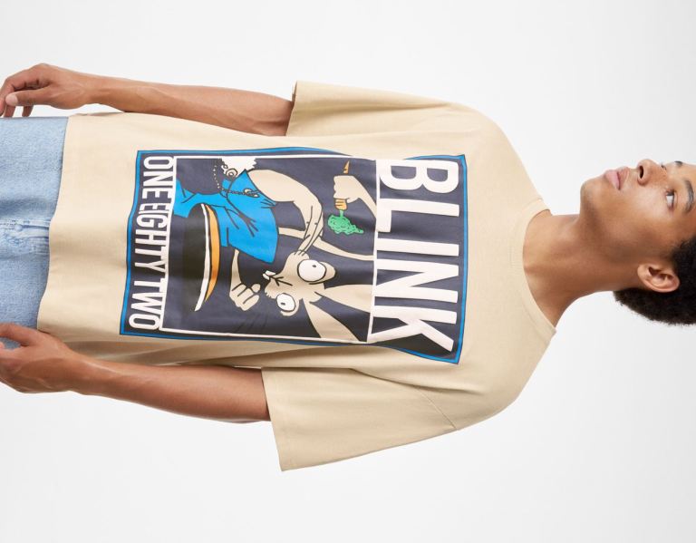 Bershka Oversize Kort Sleeve Featuring Blink 182 Print T-shirts Heren Bruin | gu3NeuTLa9U