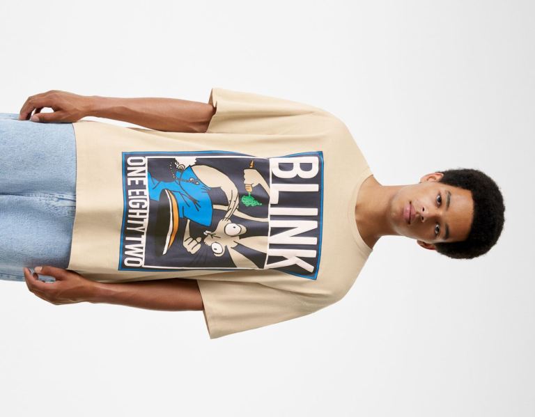 Bershka Oversize Kort Sleeve Featuring Blink 182 Print T-shirts Heren Bruin | gu3NeuTLa9U