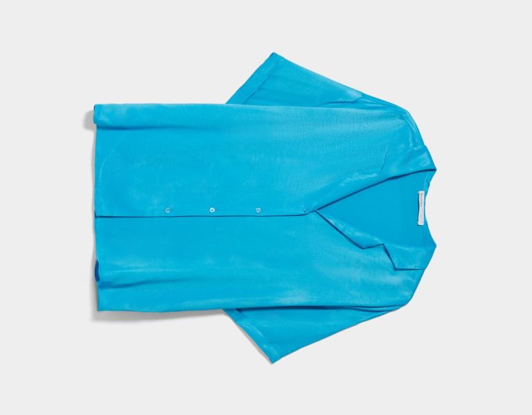 Bershka Oversize Satin-effect Kort Sleeve With Lapel Collar Overhemd Dames Turquoise | AbxlS3hFPsM