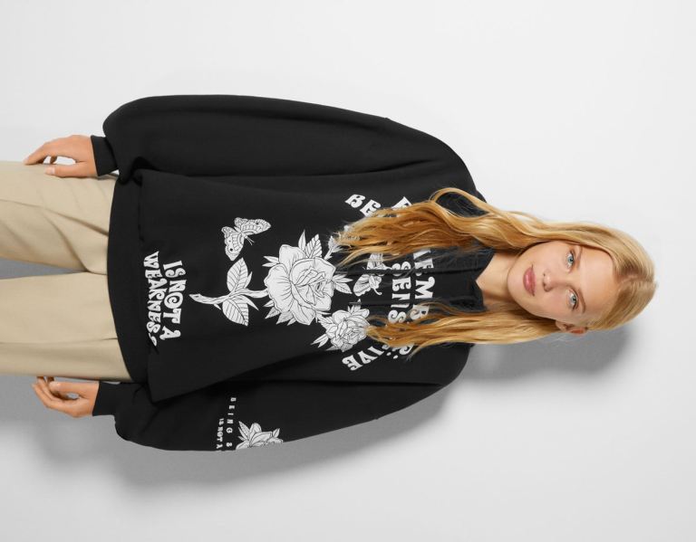 Bershka Oversized With Print Hoodie Dames Zwart | zacXVYILqr8