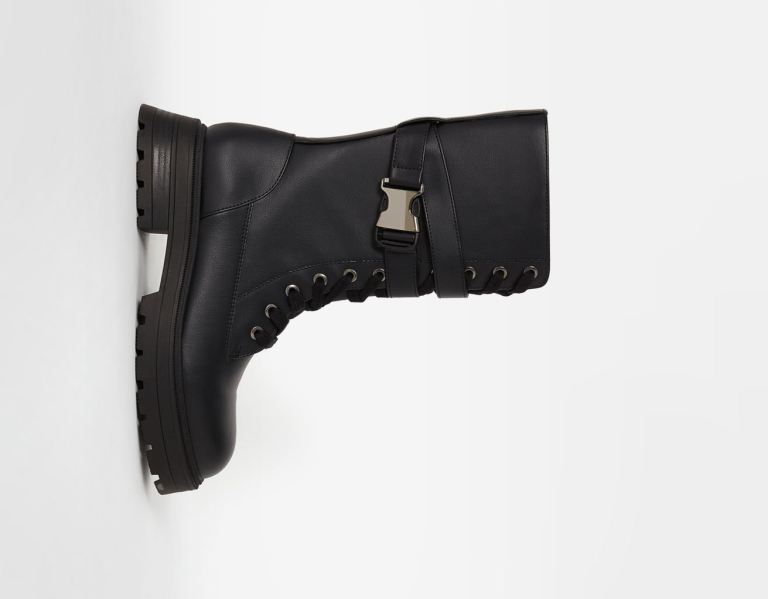 Bershka Platte Kanten-up High-leg Enkellaars Dames Zwart | fFe4jaAFwav