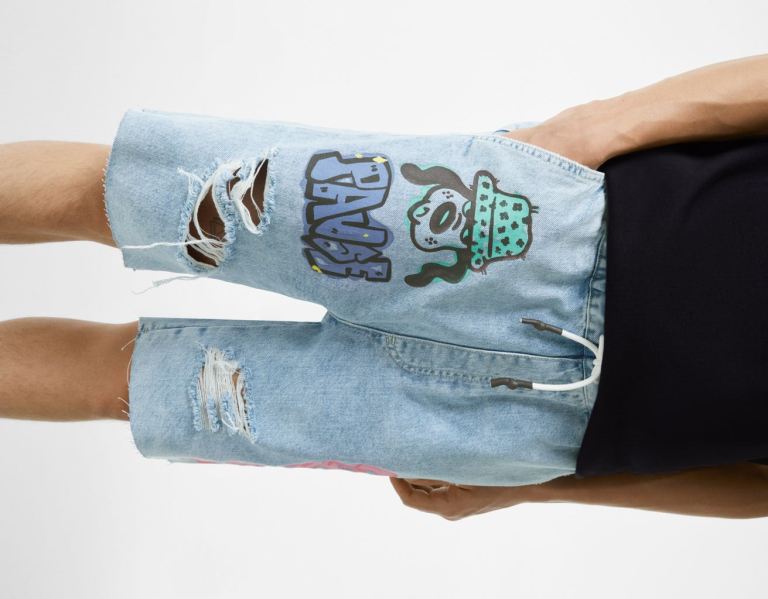 Bershka Printed Denim Sweatpants-style Bermuda Korte Broek Heren Lichtblauw | VzdBKmmTKZn