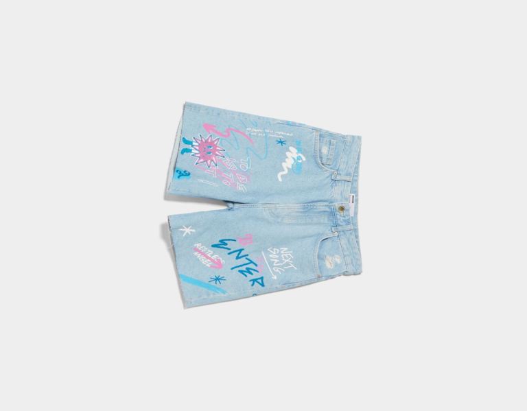 Bershka Printed Denim With Patch Korte Broek Dames Lichtblauw | c3YGOyMaYpc