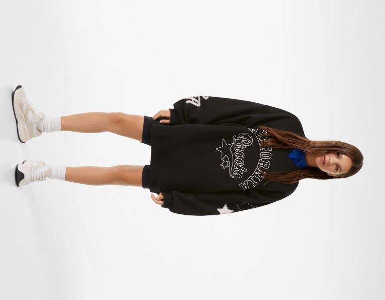 Bershka Printed Oversize V-neck Sweatshirts Dames Zwart | 5Fi97t7R0cx