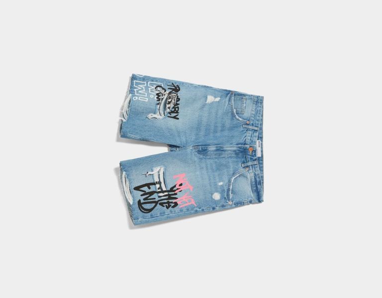 Bershka Printed Ripped Denim Bermuda Korte Broek Heren Lichtblauw | OFxhGSHs2Ix