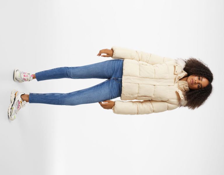 Bershka Puffer With Faux Fur Hood Jassen Dames Grijs | MrP1mt6pd7x