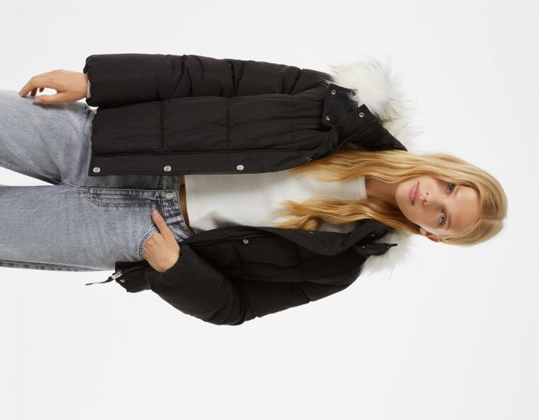 Bershka Puffer With Faux Fur Hood Jassen Dames Zwart | u220jkM1vN4