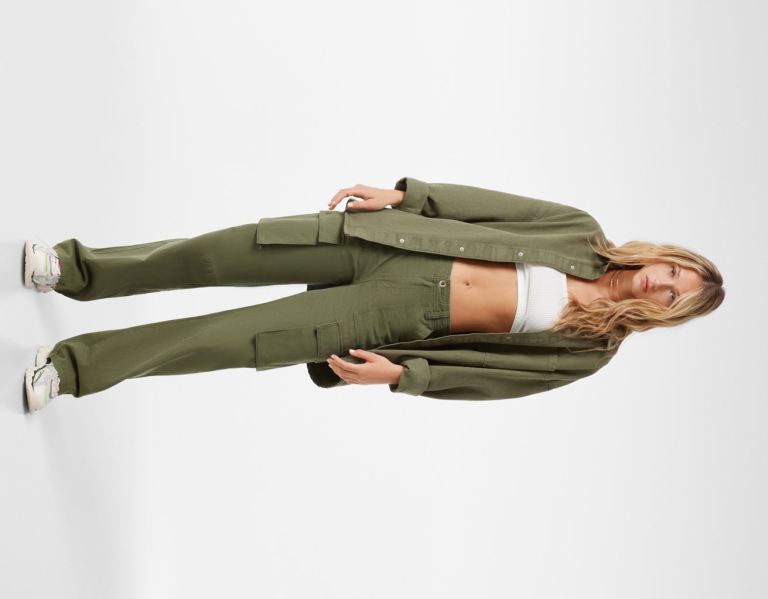 Bershka Rechtdoor Fit Cargo Broek Dames Khaki | mNBHgTmgfKW