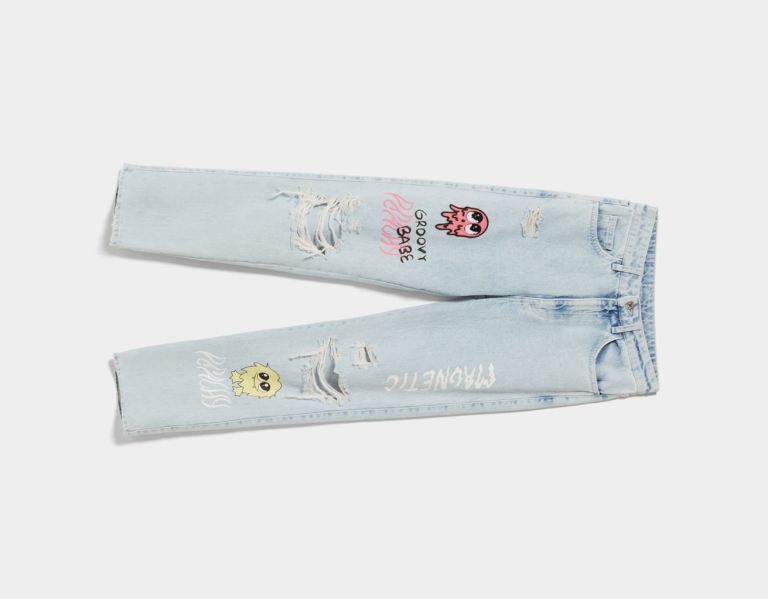 Bershka Rechtdoor-fit With Patches And Print Jeans Dames Lichtblauw | C1Vjz1awHOT