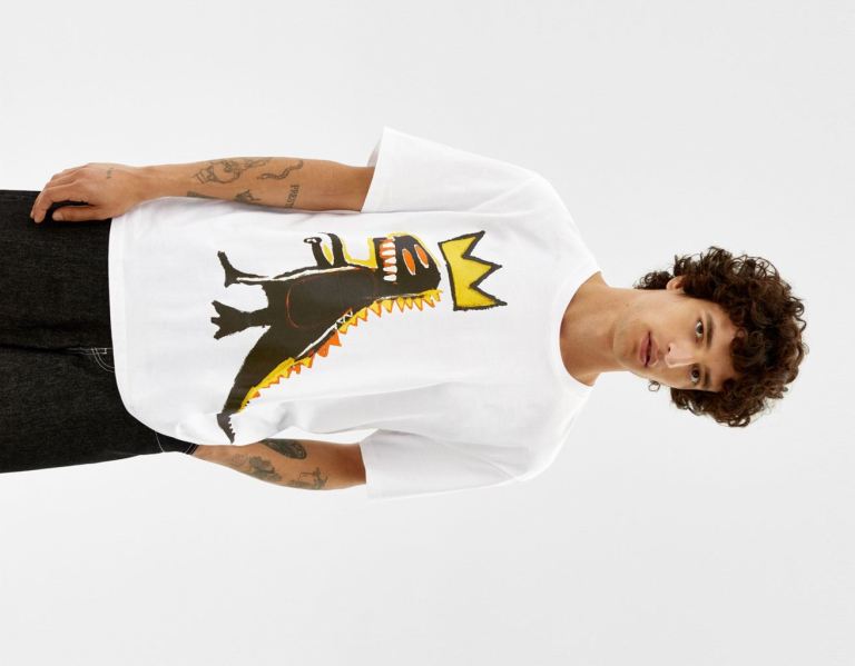 Bershka Regular-fit Kort Sleeve With A Jean-michel Basquiat Print T-shirts Heren Wit | 80fIuarD7le