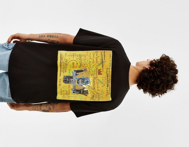 Bershka Regular-fit Kort Sleeve With A Jean-michel Basquiat Print T-shirts Heren Zwart | HH3VnbgapxO