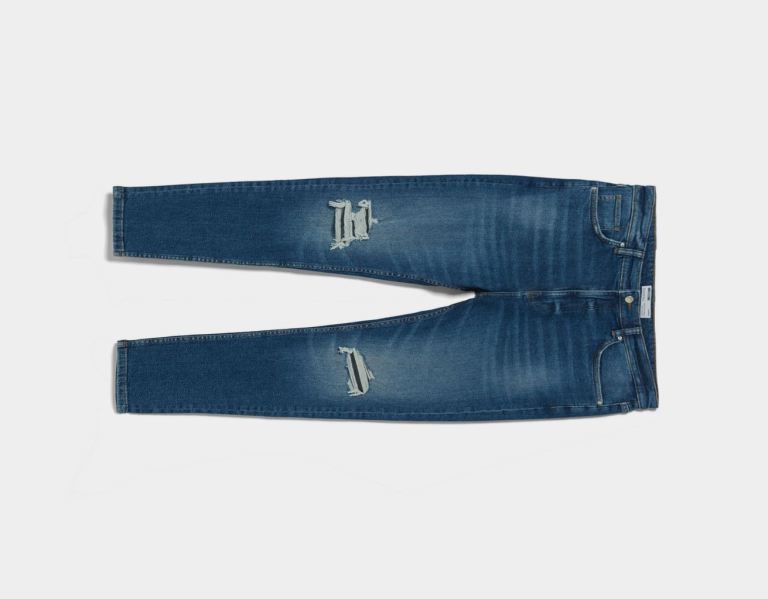 Bershka Ripped Carrot Fit Jeans Heren Blauw | KDQcT9LlIbV