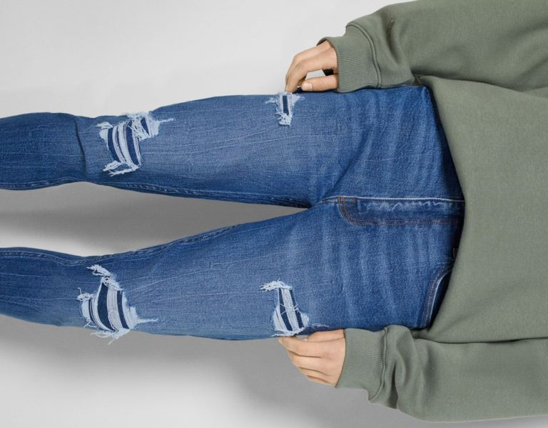 Bershka Ripped Carrot Fit Jeans Heren Blauw | MIyLKFRS3eq