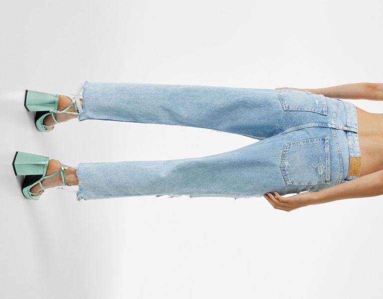 Bershka Ripped, Cropped, Rechtdoor-leg Jeans Dames Blauw | zyGMcQAW3Gk